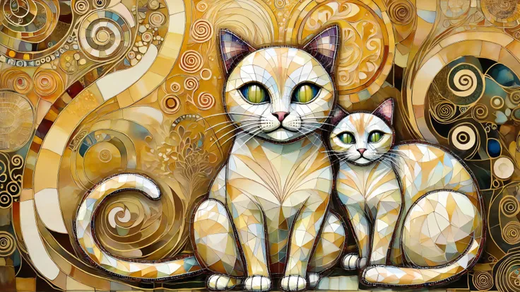 painting of two cats seated side by side on a gold background, Klimt e Nixeu, por Jean Hey, Gustav Klimt style, inspired by Gustav Klimt, inspirado por Klimt, by Olga Boznańska, Gustav Klimt style, por Svetlin Velinov, Inspired by Leo and Diane Dillon. A ...