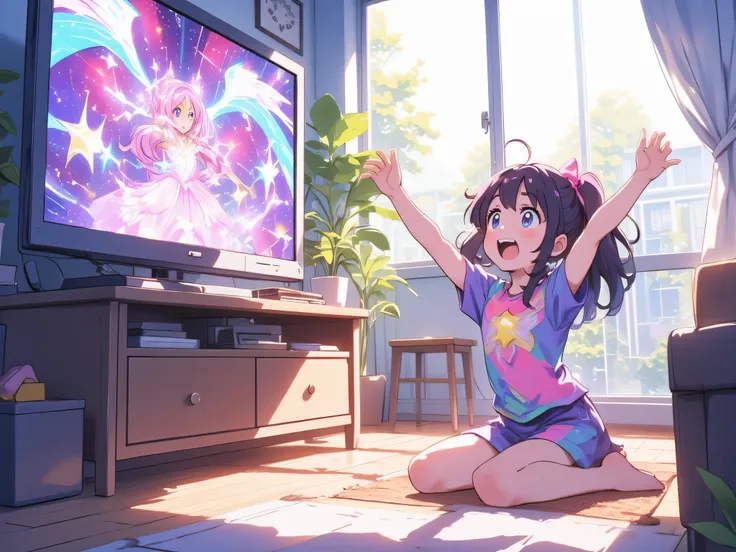 (masterpiece, Highest Quality, fully completed:1.4),1girl, girl, kindergarten ,  very young, Watching TV in the living room, bright room, cheering by waving to the TV, Puella Magi is shown on the TV