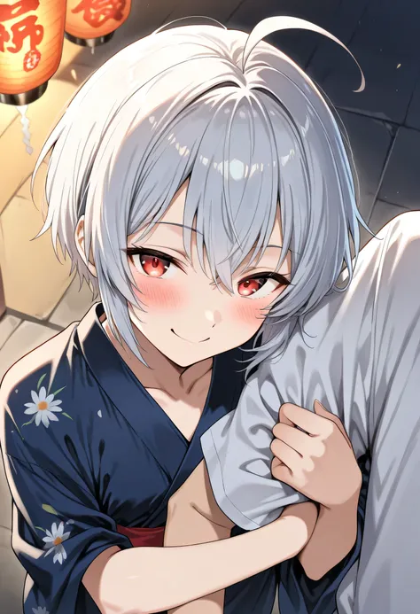 score_9, score_8_up, score_7_up, source_anime, masterpiece, ((femboy)), ((feminine male)), ((Ahoge)), ((White very-short hair)), red eyes, dark blue yukata, skinny body, seductive smile, blush, ((close mouth)), BREAK (((arm hug))), (((viewer's arm hug))), ...