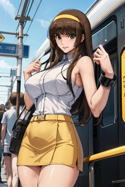 can you draw a pink one-piece miniskirt with white lines,nice smiles,Faces are very important,Brown Straight Long Hair，Please draw Big Breasts even more on Big Breasts，miniskirt，Yellow hair band on the head,，nice smiles，Can you draw a woman looking at a tr...