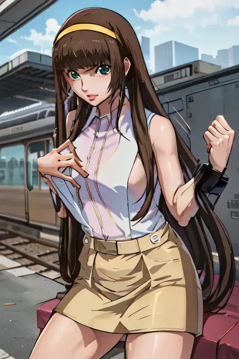 Can you draw a one-piece miniskirt with pink and white lines,nice smiles,Faces are very important,Brown Straight Long Hair，Please draw Big Breasts even more on Big Breasts，miniskirt，Yellow hair band on the head,，nice smiles，Can you draw a woman looking at ...