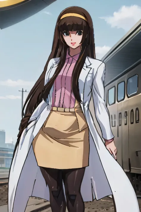 Can you draw a one-piece miniskirt with pink and white lines,nice smiles,Faces are very important,Brown Straight Long Hair，Please draw Big Breasts even more on Big Breasts，miniskirt，Yellow hair band on the head,，nice smiles，Can you draw a woman looking at ...