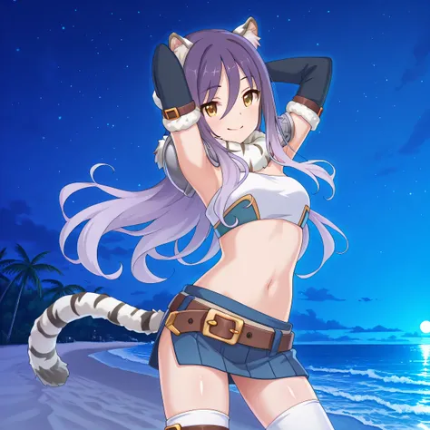 shiori, game screencap, long hair, hair between eyes, multicolored hair, purple hair, light purple hair, yellow eyes, tiger ears, tiger tail
scarf, tube top, single shoulder pad, fur trim, midriff, elbow gloves, fingerless gloves, brown belt, blue skirt, w...