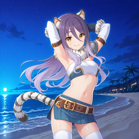 shiori, game cg, long hair, hair between eyes, multicolored hair, purple hair, light purple hair, yellow eyes, tiger ears, tiger tail
scarf, tube top, single shoulder pad, fur trim, midriff, elbow gloves, fingerless gloves, brown belt, blue skirt, white th...