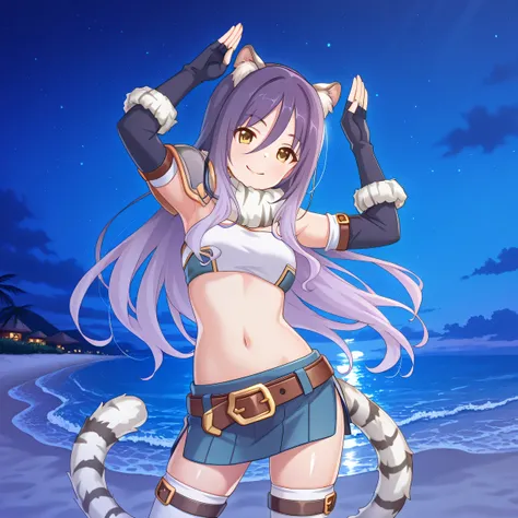 shiori, game cg, long hair, hair between eyes, multicolored hair, purple hair, light purple hair, yellow eyes, tiger ears, tiger tail
scarf, tube top, single shoulder pad, fur trim, midriff, elbow gloves, fingerless gloves, brown belt, blue skirt, white th...