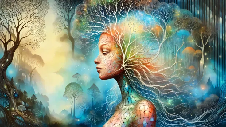 Picture a surreal female profile seamlessly transforming into a bioluminescent forest, blending fantasy elements with a touch of the surreal. The image is highly detailed, inspired by the works of Catrin Welz-Stein, featuring a delicate balance between hum...