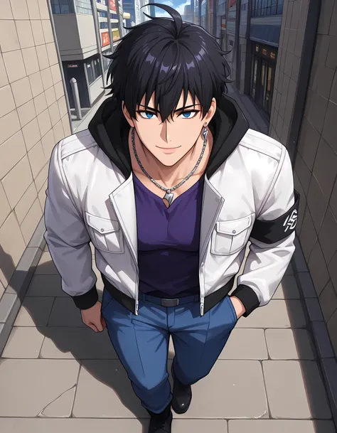 (medium close up, high front angle, shot with an 85mm lens), ((anime skin texture, body style Solo Leveling, perfectly detailed scenery, best image quality, full HD, perfectly detailed appearance, perfectly detailed eyes, 1man, man walking through the city...