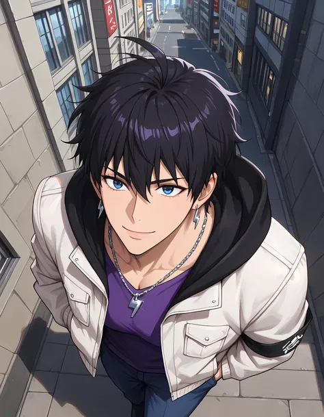 (medium close up, high front angle, shot with an 85mm lens), ((anime skin texture, body style Solo Leveling, perfectly detailed scenery, best image quality, full HD, perfectly detailed appearance, perfectly detailed eyes, 1man, man walking through the city...