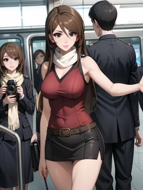  armpits,uniform ,white scarf，miniskirt,nice smiles,Faces are very important,Brown Straight Long Hair，Big BreastsをさらにBig Breastsに描いて下さい，miniskirt，,，nice smiles，Can you draw a woman looking at a train，draw a woman waiting in front of the car in front of you...