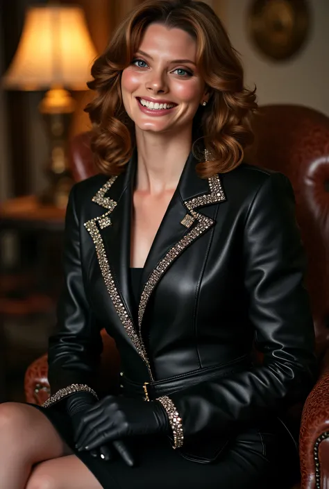 Woman in a black leather diamond encrusted leather business suit jacket. black leather skirt to knees. Black leather knee high boots. she is wearing black leather opera gloves. She is smiling. she is wearing brown blonde hair. she is sitting on a chair.