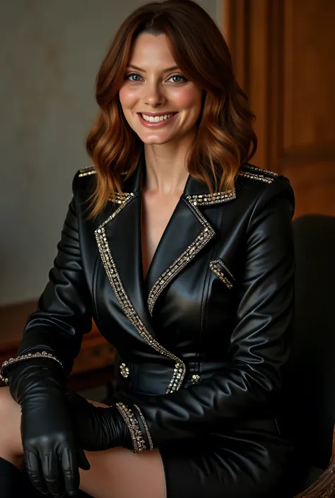 Woman in a black leather diamond encrusted  leather business suit jacket. black leather skirt to knees.  Black leather knee high boots. she is wearing black leather opera gloves. She is smiling. she is wearing brown blonde hair. she is sitting on a chair.