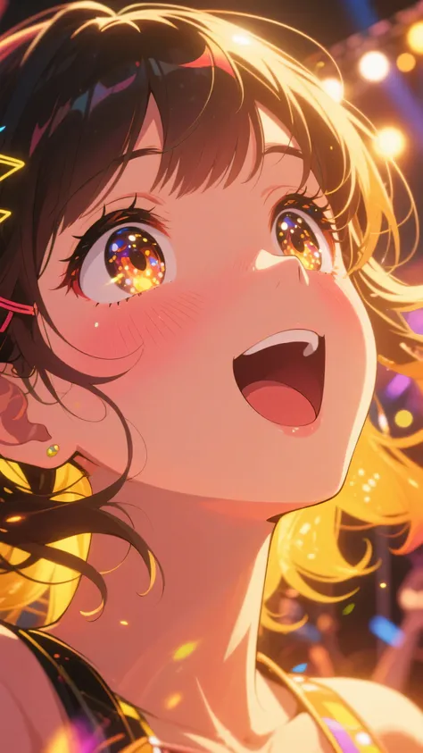 Masterpiece, ultra-detailed, 8K resolution, vibrant digital anime, close-up shot. A experiencing her first live concert, her face illuminated by dazzling stage lights. Her wide, shimmering eyes reflect the brilliance of the performance, filled with wonder...