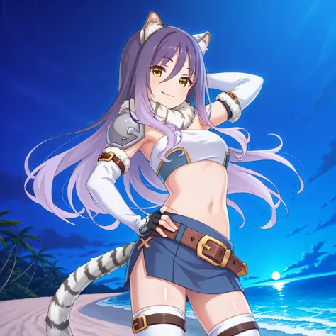 shiori, game screencap, long hair, hair between eyes, multicolored hair, purple hair, light purple hair, yellow eyes, tiger ears, tiger tail
scarf, tube top, single shoulder pad, fur trim, midriff, elbow gloves, fingerless gloves, brown belt, blue skirt, w...