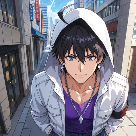 (Extreme close up, front angle, shot with an 85mm lens), ((anime skin texture, body style Solo Leveling, perfectly detailed scenery, best image quality, full HD, perfectly detailed appearance, perfectly detailed eyes, 1man, man walking through the city, an...