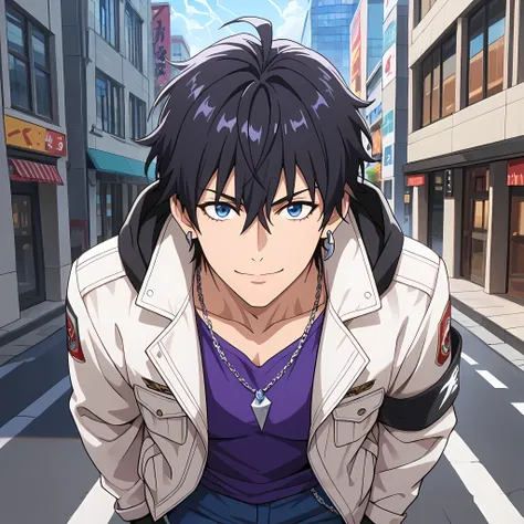 (Extreme close up, front angle, shot with an 85mm lens), ((anime skin texture, body style Solo Leveling, perfectly detailed scenery, best image quality, full HD, perfectly detailed appearance, perfectly detailed eyes, 1man, man walking through the city, an...