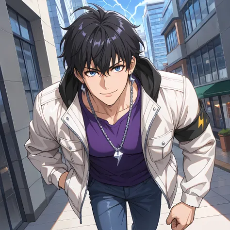 (front angle, medium close-up, shot with an 85mm lens), ((anime skin texture, body style Solo Leveling, perfectly detailed scenery, best image quality, full HD, perfectly detailed appearance, perfectly detailed eyes, 1man, man walking through the city, ani...