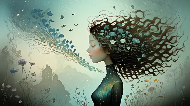 Picture a surreal female profile seamlessly transforming into a bioluminescent garden, blending fantasy elements with a touch of the surreal. The image is highly detailed, inspired by the works of Catrin Welz-Stein, featuring a delicate balance between hum...