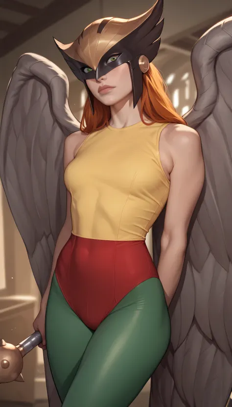 Hawkgirl with long ginger hair, looking at viewer, wearing yellow sleeveless leotards, wearing yellow and black hawk helmet, ((wearing red underwear on top of green leggings)), with white wings behind back, green eyes, half body portrait, closed mouth, dyn...
