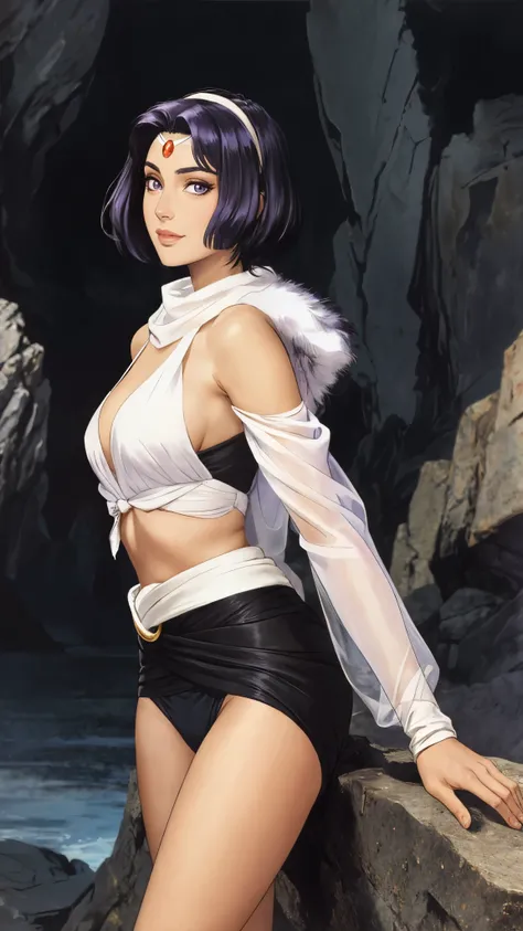 masterpiece, best quality, a beautiful woman with short purple hair, side part bangs covering her left eye, a headband on her forehead, an exquisite and charming face, a mysterious gaze, a faint smile, delicate and alluring figure, draped over her shoulder...