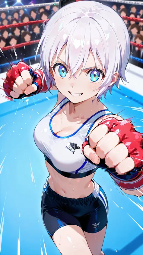 lisanna strauss, short hair, blue eyes, hair between eyes, white hair,, solo, Detailed eyes, white sports bra, black sports very short spats, white fingerless gloves, thigh, cleavage, slim long legs, medium breast, serious grin, looking at viewer, Detailed...