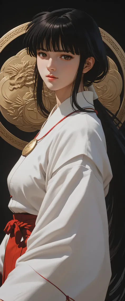 Kikyo with long black ponytail with bangs and long sideburns, wearing a white kimono with long sleeves, wearing a long red skirt, wearing a gold medallion, looking at viewer, seductive expression, half body portrait