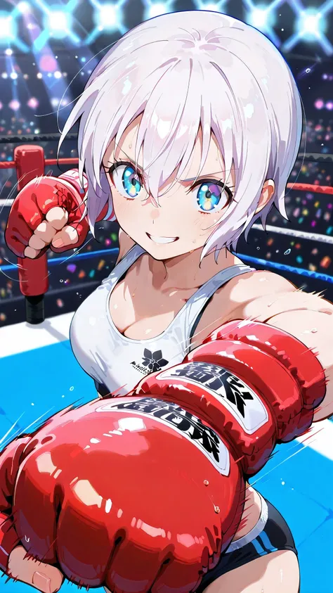 lisanna strauss, short hair, blue eyes, hair between eyes, white hair,, solo, Detailed eyes, white sports bra, black sports very short spats, white fingerless gloves, thigh, cleavage, slim long legs, medium breast, serious grin, looking at viewer, Detailed...