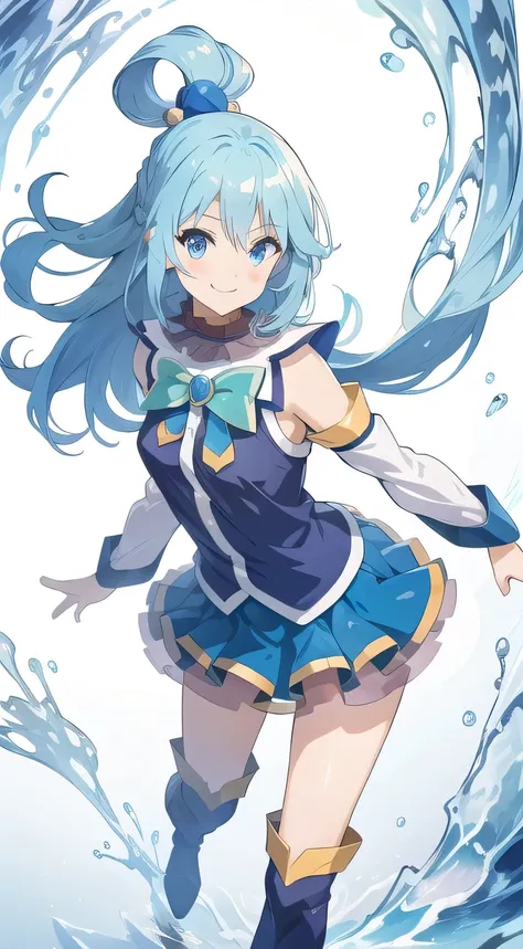 (masterpiece, Highest Quality:1.2), expressive eyes, perfect face, high definition, 1 girl, solo, aqua, long hair, blue hair, hair ring, hair accessories, choker, Bare Shoulder, Green Bow, blue shirt, detachable sleeves, blue skirt,  to thigh, smiling happ...