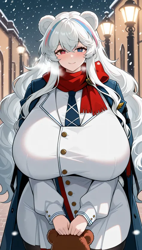 rosa_\(arknights\), heterochromia,red eye, blue eye,white hair ,streaked hair,bear ears,bear tail,long hair,wavy hair, curvy,wide hips, thick highs, huge butt, huge breasts, (gigantic breasts1:8), sagging breasts, long coat, scarf, street, lamplight, snowi...