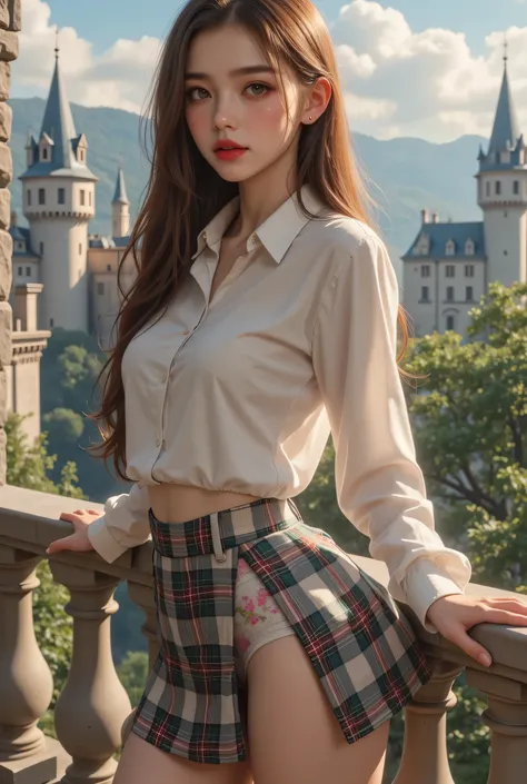 ultra fineCGユニティ8k壁紙、Highest Quality、ultra fine、masterpiece、real、photo、ultra fineキュートガール、18 Year Old、(European Castles)、(Girl standing on balcony)(Rear view),(looking back at the drugstore)、(笑face)、(full body angle)、(low angle)、cheek、 red lips、(low angle)L...