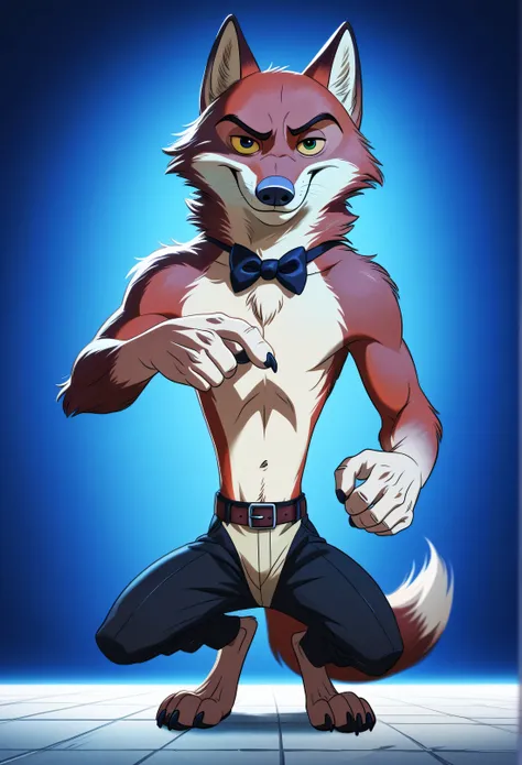 NickWilde fox , yellow sclera, solo, detailed, detailed face, black eyes, anthro body, male, adult, muscular, cartoon shading, cel shaded:1.0, flat colors, (no background, white background):1.5, shirtless, wfa style, negger style, cartoony anatomy, above w...