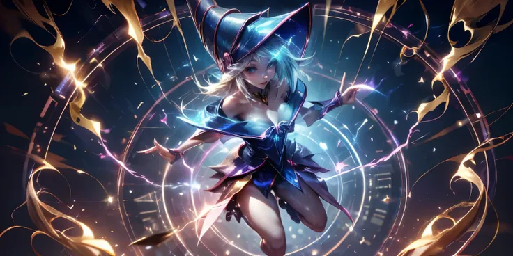 ( masterpiece:1.2), ( The Best Quality :1.2), perfect lighting, Dark Magician Girl casting a spell, floating in the air , big , neckline, Magical background. Transparent hearts in the environment , Blue tunic, large hat , from above, Flashes, Yugioh c...