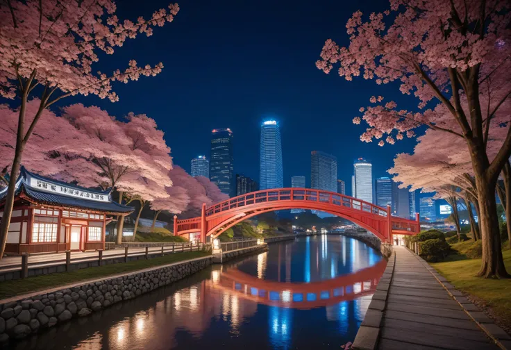 Arafe Bridge over a river with trees in the foreground, , Colorful Magical Crystal Bridge, Japan at Night, heroine vivid scenery of Japan, cherry tree, beautiful wallpaper, One Glowing Bridge Across the River , Dynamic lighting during the cherry blosso...
