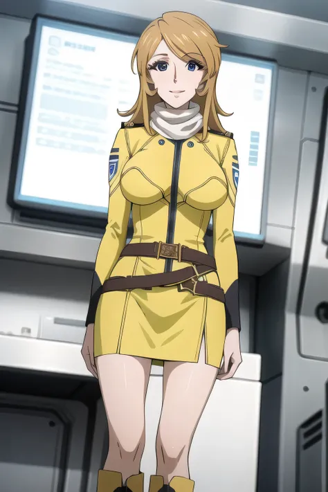 Can you draw a woman wearing a military uniform，A 20-year-old woman with adult sex appeal，Faces are very important，The work is amazing by herself，big breasts but a thin waist，nice smiles，yellow long hair，a red military uniform，white scarf，Red Mini Skirt，wh...