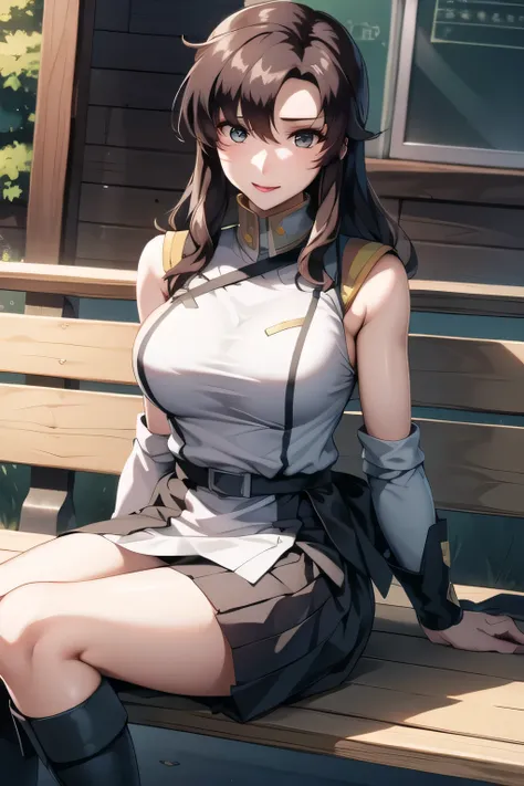 smile,draw a picture of him resting on a park bench,sitting,Panchira,Draw white knee-high boots on both legs,Let's draw a short pleated mini skirt,Big BreastsをさらにBig Breastsに描いて下さい,{{X}},depicts her expression more delicately,walking alone, city ...