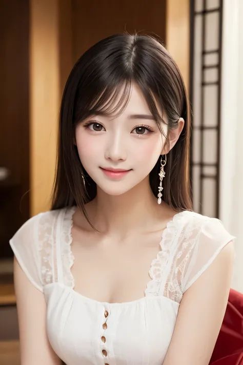 Top quality, 1 beautiful japanese woman、1 girl、upper body only、Korean style beauty、hairstyle is bob、I'm closing my mouth and smiling just a little、transparency、The whole body is facing the front、Plump up my tear bags、Plump lips、Gloss Gloss々、No hats or hair...