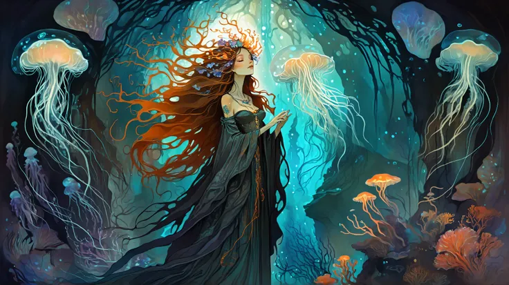 A mysterious sorceress with long, flowing hair adorned with intricate bioluminescent tattoos that pulse with soft light, stands in a hidden grotto, bathed in an ethereal glow. She is surrounded by glowing jellyfish and colorful coral reefs. In the style of...