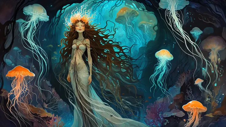 A mysterious sorceress with long, flowing hair adorned with intricate bioluminescent tattoos that pulse with soft light, stands in a hidden grotto, bathed in an ethereal glow. She is surrounded by glowing jellyfish and colorful coral reefs. In the style of...