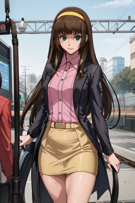 My nipples are sharp and can be seen through when wet，nice smiles,Faces are very important,Brown Straight Long Hair，Big BreastsをさらにBig Breastsに描いて下さい，miniskirt，Yellow hair band on the head,，nice smiles，Can you draw a woman looking at a train，Picture a woma...