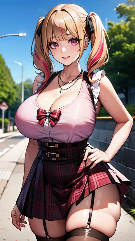 masterpiece, best quality, highres, hs1, light pink eyes, wide hips, thick thighs, upskirt, sleeveless, cleavage, (blonde hair), twin tails, blunt bangs, (streaky hair), pink shirt, black thighhighs, micro skirt, plaid skirt, red ribbon, garter straps, hug...