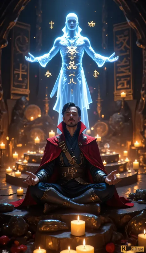 A hyper-realistic, ultra-detailed 8K cinematic scene of Doctor Strange using astral projection. Focus on Doctor Strange’s physical body, sitting in a meditative position with eyes closed, glowing softly. His astral form—semi-transparent, glowing with ether...