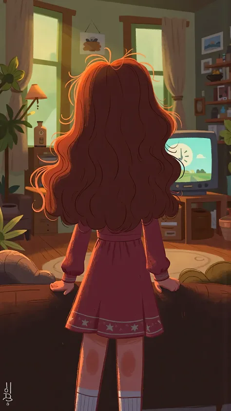 frontal footage ,girl with long wavy brown hair,Back to camera,watch TV;living room;illustration retro style