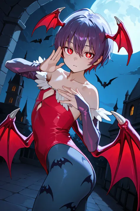 score 9, score 8+, score 7+, score 6+, score 5+, score 4+
1 girl, Lilith, wings, animal print, pantyhose, leotard, wings on head, bat paw prints, printed pantyhose, red leotard, diamond cutout, short hair, red eyes, bridal gauntlet, purple hair, exposed sh...