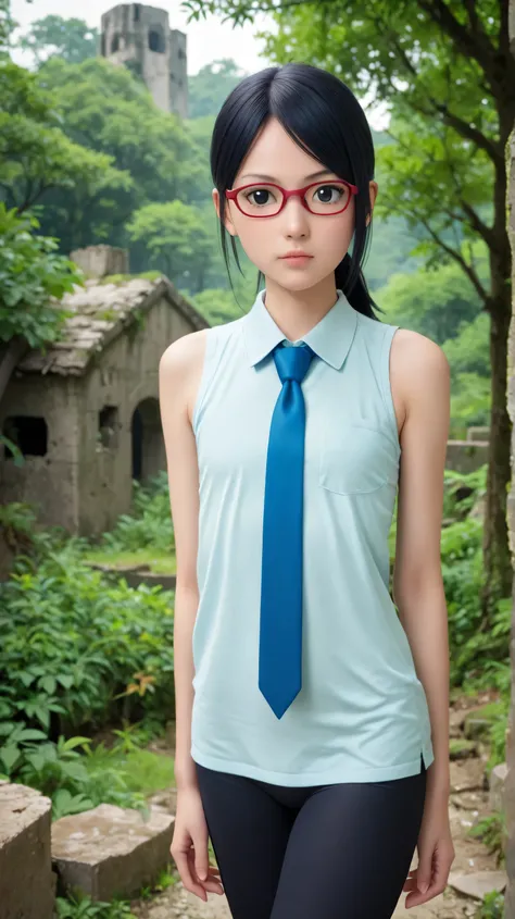 1girl, solo,sarada uchiha,black eyes,black hair,short hair,outdoors,potrait,ruins,flat chest,wearing glasses,(blue necktie:1.4),forest,cyan shirt,ponytail,sleeveless,leggings,low ponytail