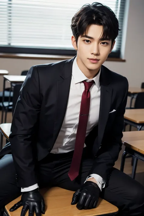 a slim muscular, Full body shot of a handsome K-pop male idol is wearing a school uniform with a tie and leather gloves. lie down lean on in classroom. tempting.sexy.try to rape.realistic high quality .intricate detail face , ultra high res, uhd. Hyper-re...