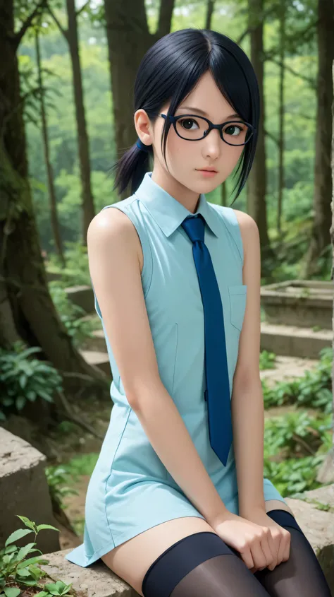 1girl, solo,sarada uchiha,black eyes,black hair,short hair,outdoors,potrait,ruins,flat chest,wearing glasses,(blue necktie:1.4),forest,cyan shirt,ponytail,sleeveless,stockings,low ponytail