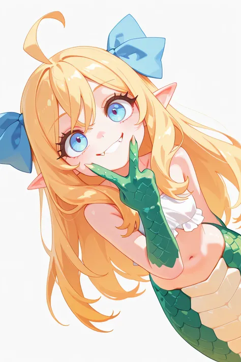 Smooth Quality,masterpiece,very intricate, high quality details, ultra realistic, high detailed skin,detailed enviorement,absurdres,
v over mouth,
  jashin_cnr, 1girl, blonde hair, long hair, ahoge, blue eyes, pointy ears, fangs, hair ribbon,jashin_def, co...