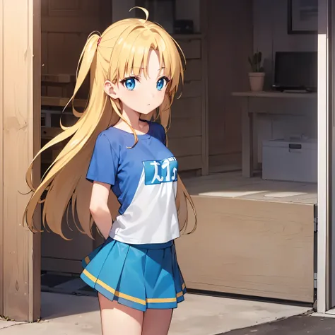 1girl, standing (Anatomically Correct body 1.6 ) Blonde anime girl with long hair of (eye Yellow Navy blue t-shirt and light blue skirt (color) And brown boots 1.6)