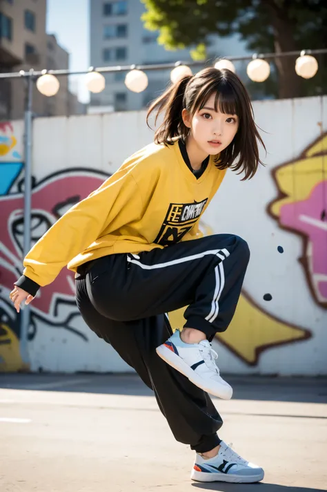 masterpiece, Highest Quality, Super Detail, high image quality, high definition, realistic, Depth, fine texture, Super fine, Total concentration, (Breakdancer), Dynamic breakdance poses, ( urban street style ), Powerful Movement, (baggy clothes, Streetwear), (colorful sneakers), (Graffiti Background),  Brilliant Stage Lighting , intense expressions, beautiful detailed eyes, detailed face, PROFESSIONAL, Super Detail, Complex Details, Volume Lighting, lens flare,  particle, dynamic composition,  Breakdance Battle Stage , Cheers from the audience,
