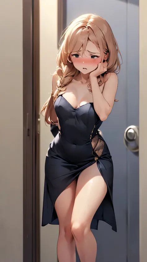 (SIGMA 200 mm F/1.8, 1/1000 sec shutter, award-winning photo), (beautiful medium breasts, shiny skin), (have to pee-pee:1.2), (Disheveled hair), (The expression of someone desperately trying to hold in their pee-pee:1.5), (She needs to pee-pee so badly:1.5...