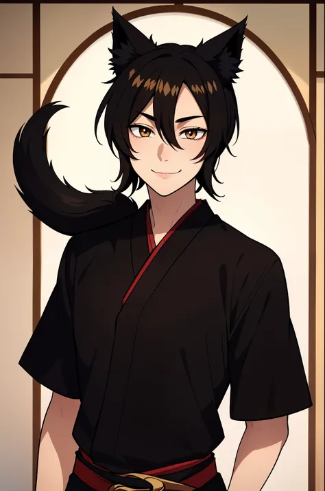 (high-quality, breathtaking),(expressive eyes, perfect face), symmetrical eyes, 1boy, male, solo, young adult, black hair , gold coloured eyes, gentle smile, medium hair, loose hair, hair between eyes, japanese clothing, black shirt short sleeved with a re...